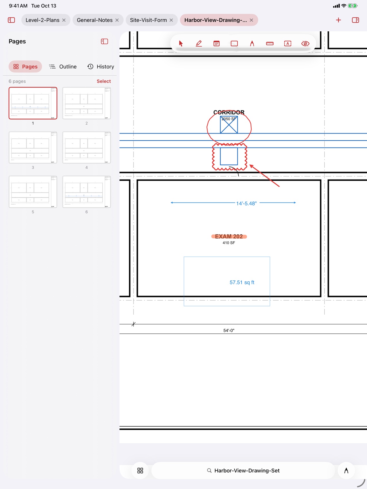 A floor plan on iPad with a red cloud and a measurement